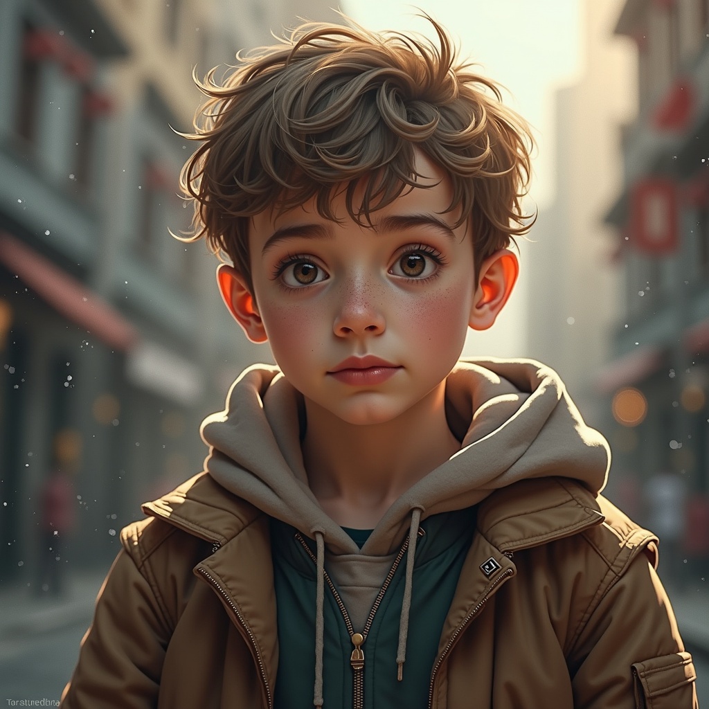 A boy stands in a bustling city street, capturing the essence of youth and curiosity. His tousled hair and expressive eyes draw the viewer in, revealing a hint of emotion. He wears a cozy hoodie under a casual jacket, blending style with warmth. The urban environment around him is softly blurred, creating an atmosphere of wonder. This artwork evokes feelings of nostalgia and admiration for childhood innocence, while the warm lighting enhances his youthful charm.