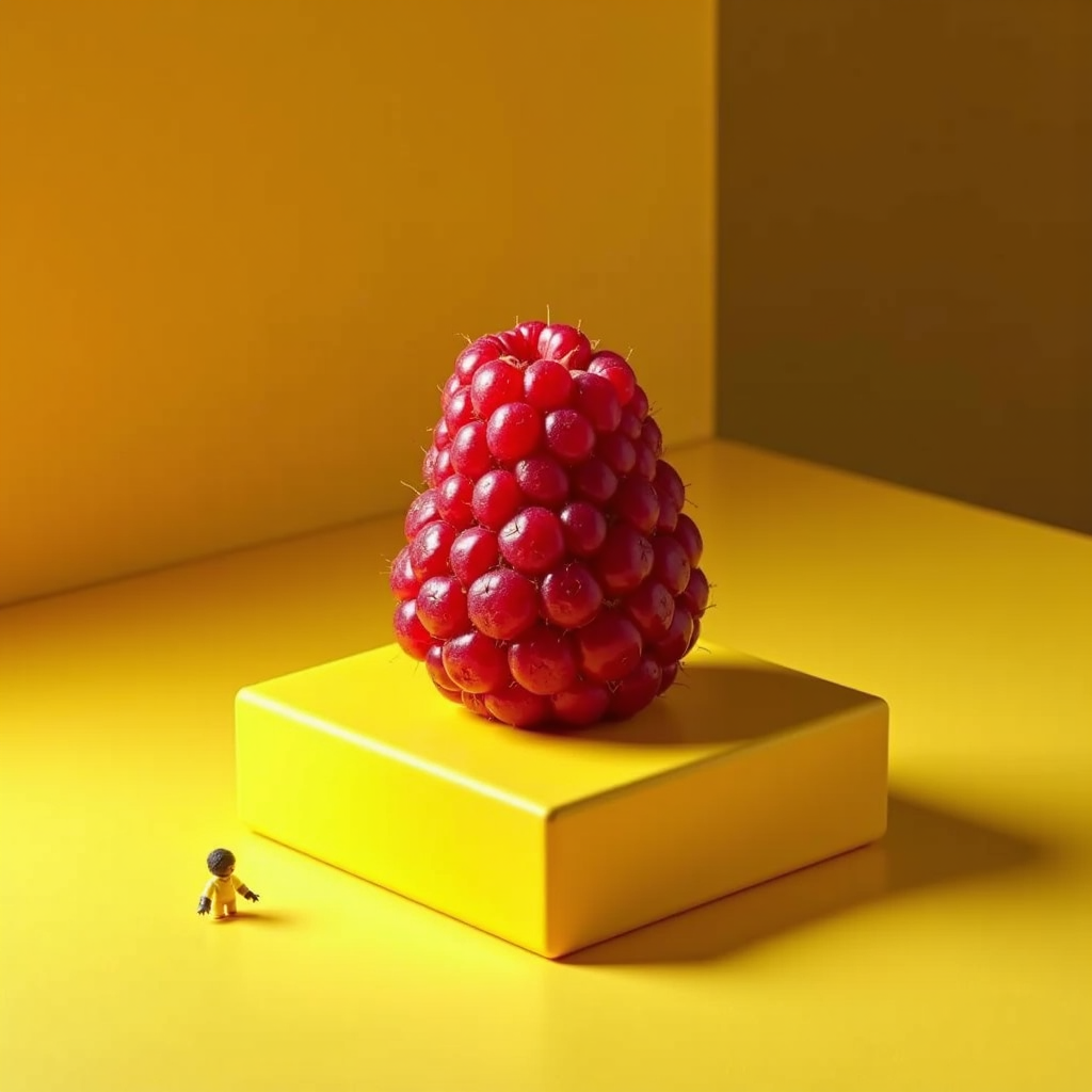 A tiny figure stands next to a large raspberry on a yellow block, set against a yellow background.