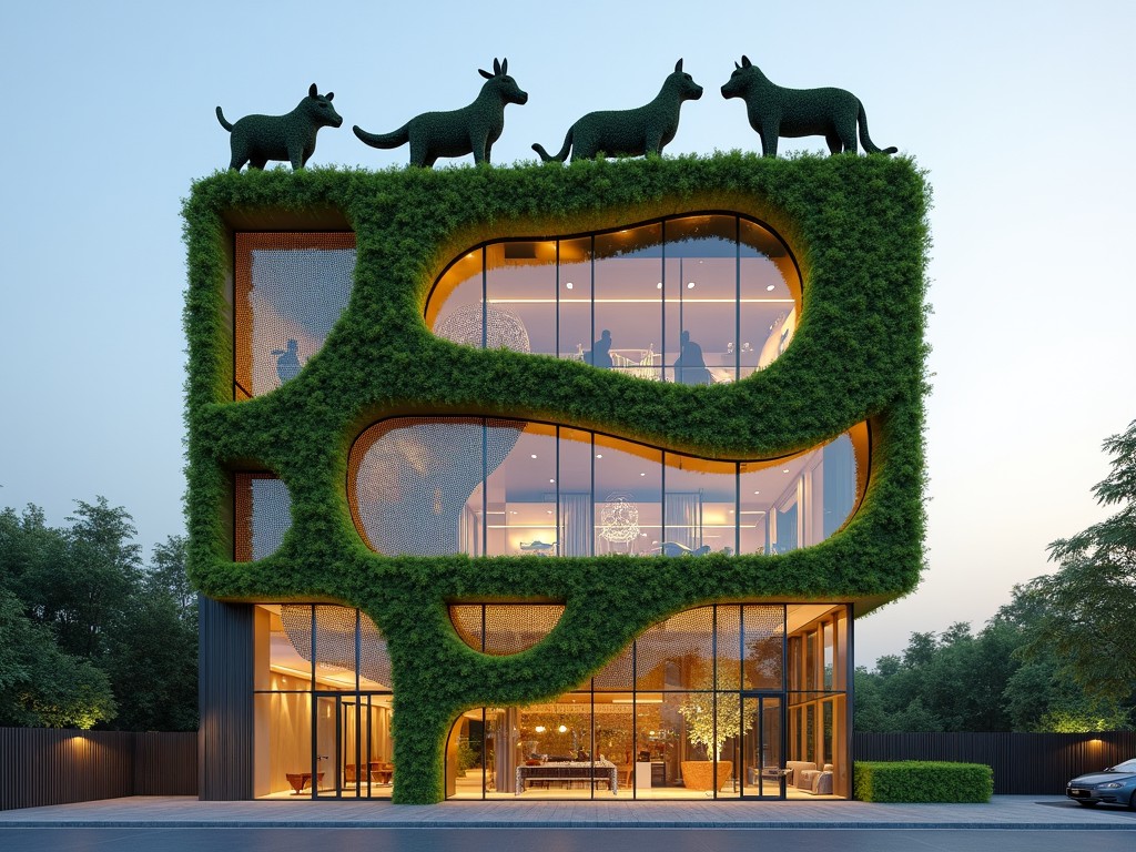 A modern building with extensive greenery covering its facade, featuring animal topiary sculptures on the roof.