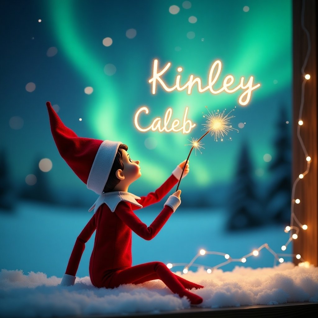 This image captures a charming scene featuring a girl elf on the shelf. The elf is dressed in a classic red outfit and is positioned with its back to the viewer. It gazes upwards towards a captivating sky illuminated by vibrant northern lights. In one hand, the elf holds a magic wand, which it uses to elegantly write the names Kinley, Caleb, and Aiden in sparkling letters above. The snowy ground enhances the serene and magical atmosphere of this holiday moment.