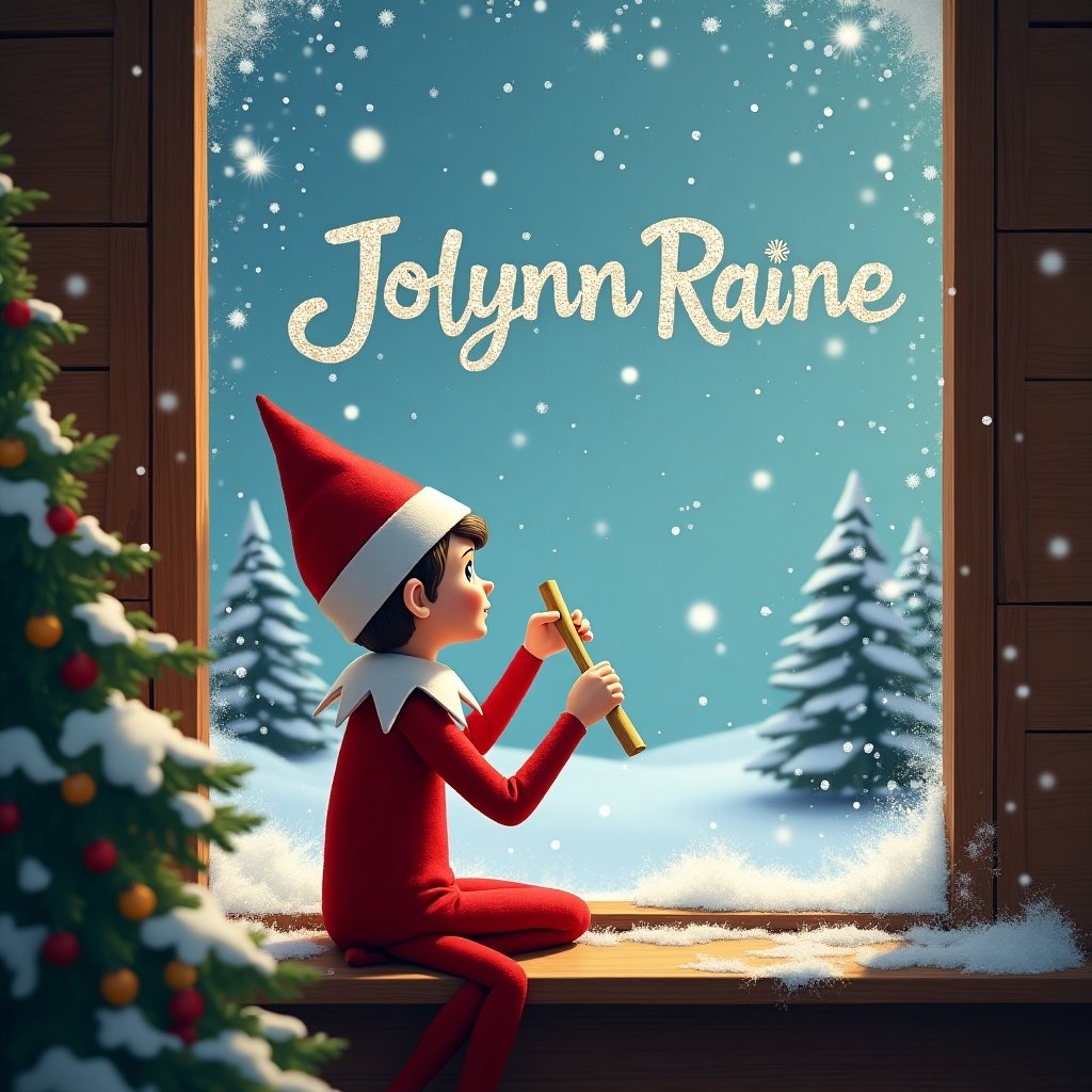 Christmas scene. Elf on a shelf in a window looking outside. Writing Jolynn Raine in the sky with a wand. Snow falling. Festive atmosphere.