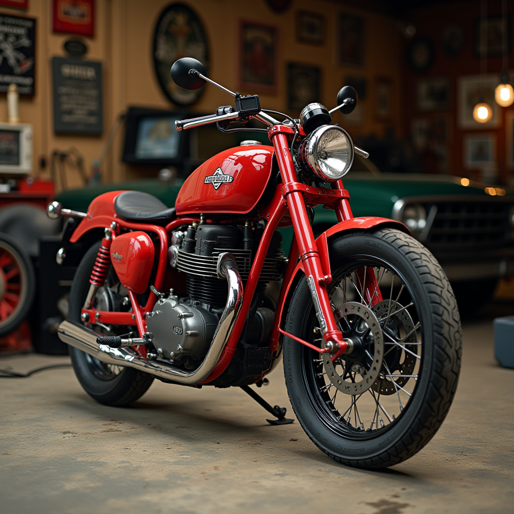 A bright red classic motorcycle is parked in a garage filled with retro decor.