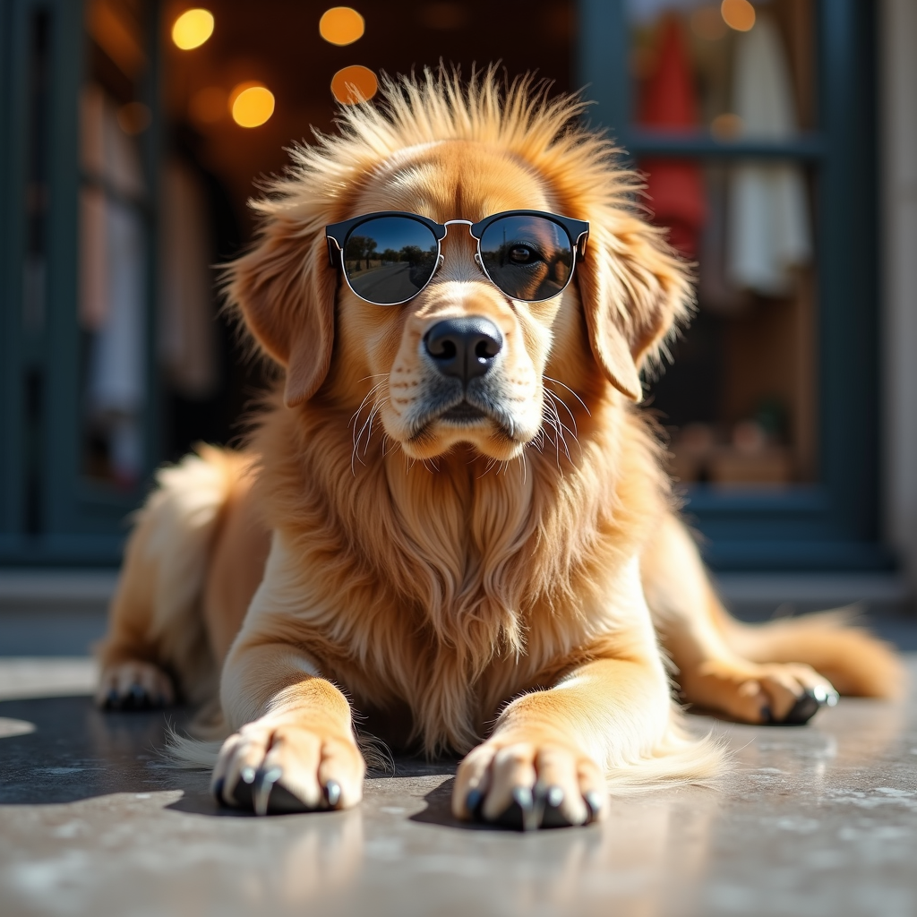 A stylish golden retriever wearing sunglasses relaxes outside a shop.