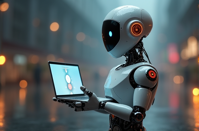 A sleek robot with glowing orange accents holds a laptop on a rainy city street.