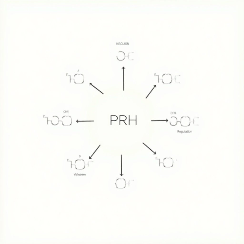 Schematic of PRH function in cell regulation. Central 'PRH' with arrows pointing to various components. Include labels for CCLP Tumor Cell and cell cycle regulation. Highlight potential dysregulation.