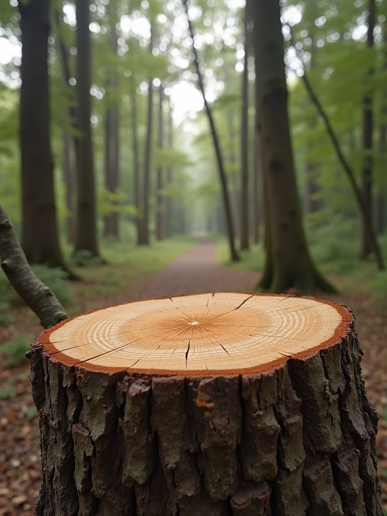 Image shows a freshly cut tree stump in a foggy forest. Soft green foliage in the background. Forest pathway stretches into the distance. Warm colors highlight tree stump rings.