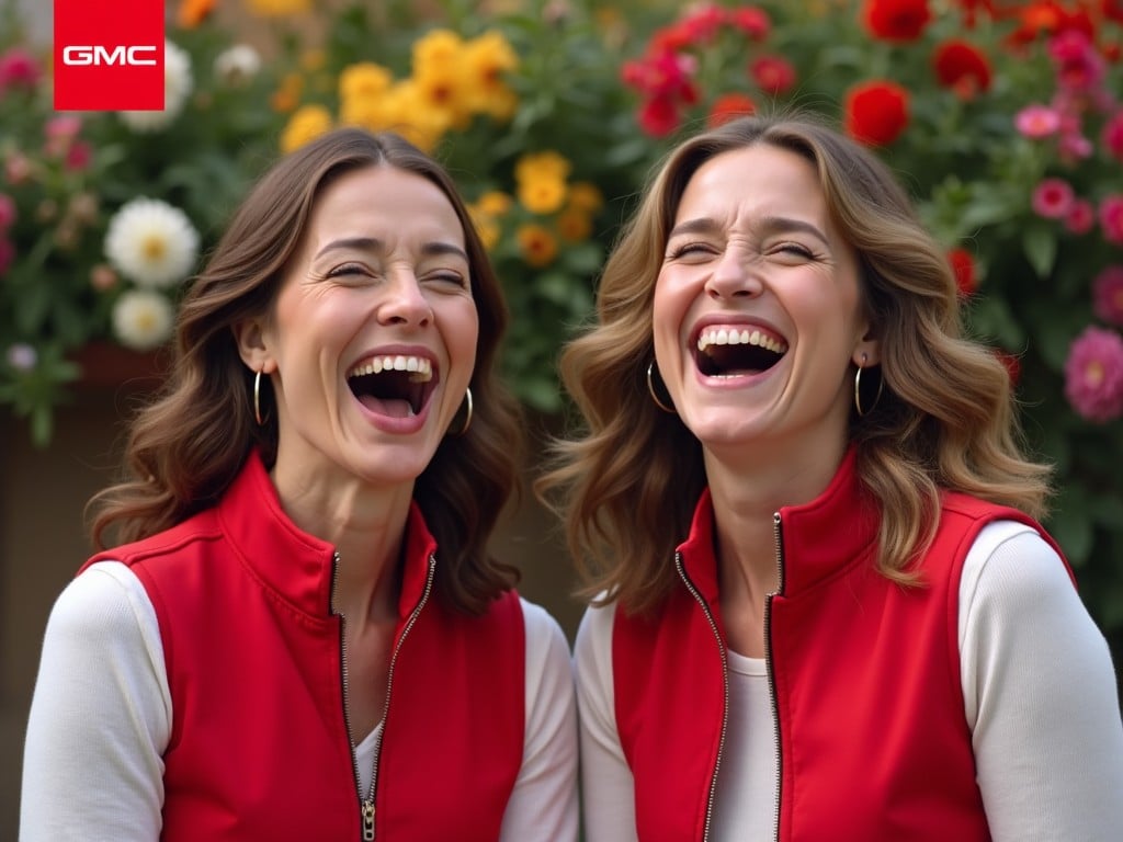 Two women laughing joyfully while wearing red vests, surrounded by vibrant flowers, GMC logo in corner.