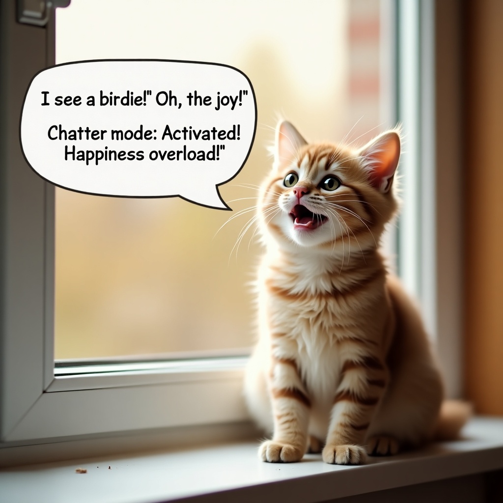 A cute cat sitting by a window. Speech bubble with excited chattering. Cat looks joyful and playful. Warm tones and soft light create a positive ambiance.