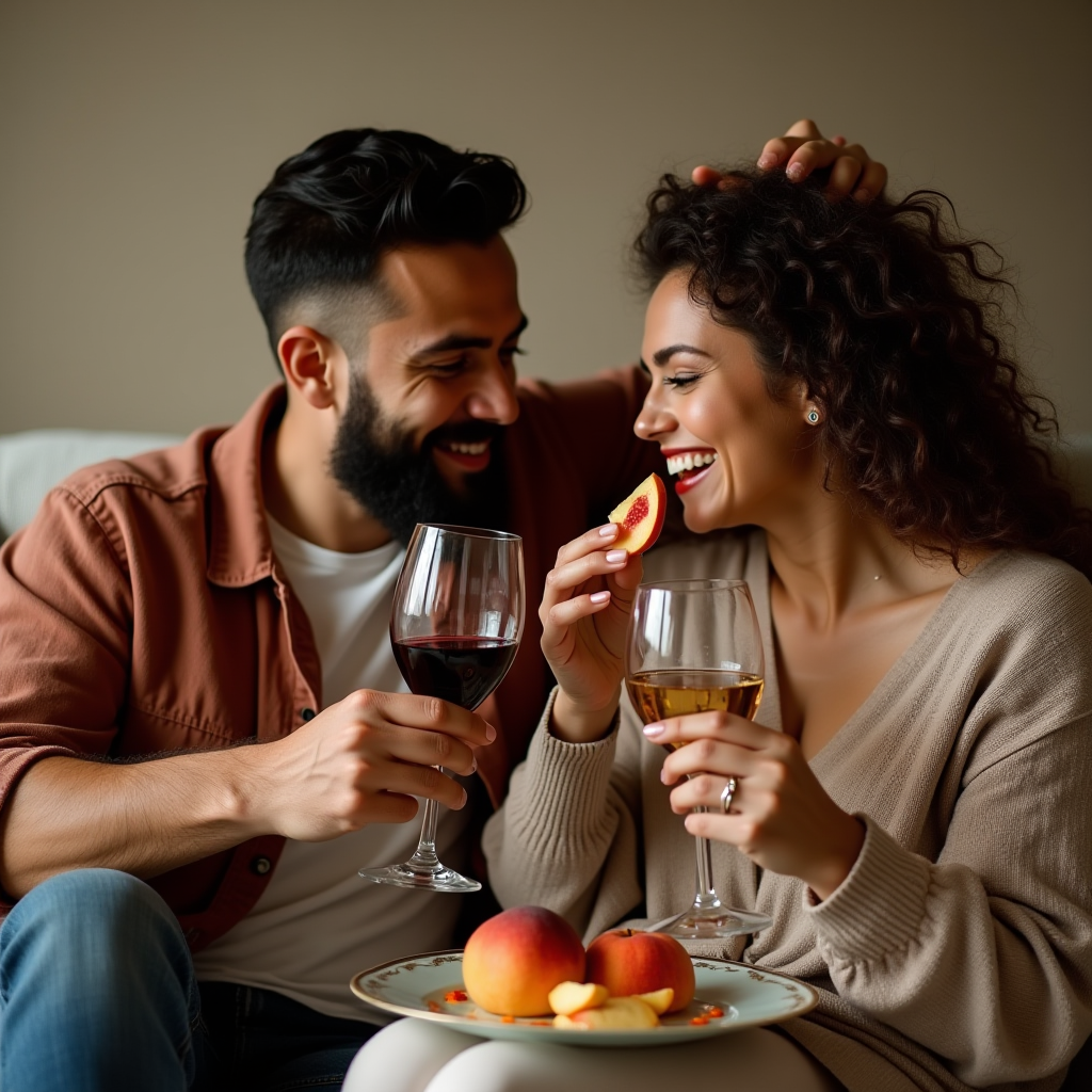 A couple smiles and shares fruit while holding wine glasses.