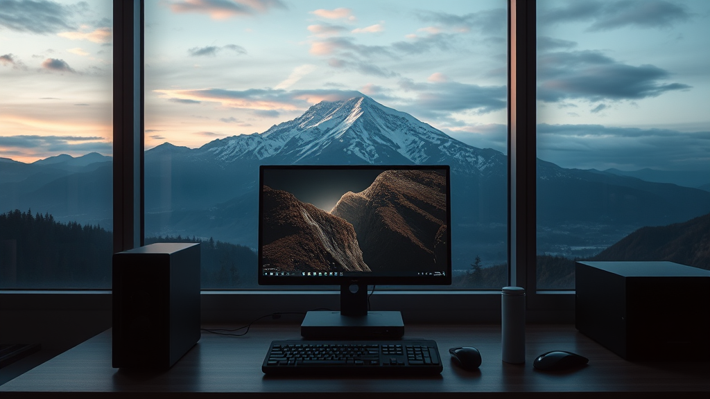 A modern workspace with a desktop computer set against a stunning view of snow-capped mountains at dusk.