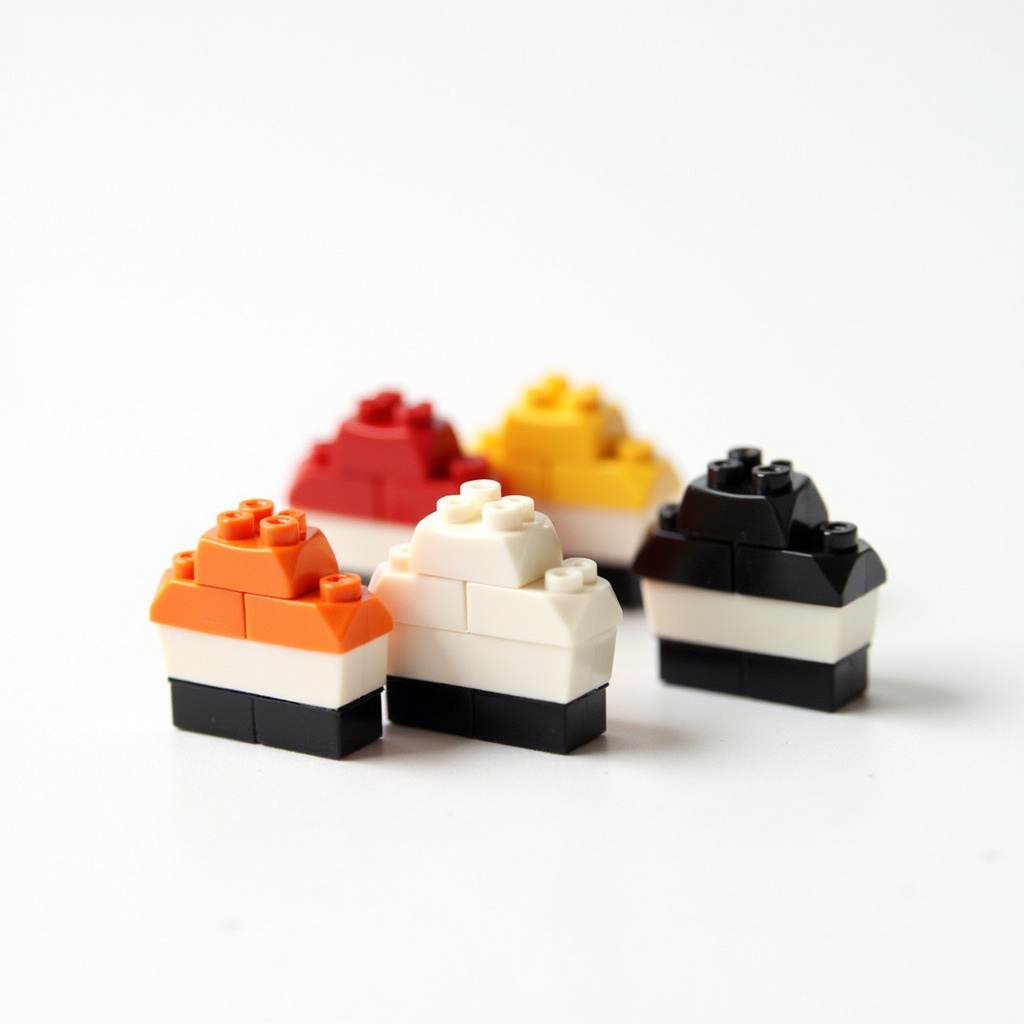 Lego blocks arranged to resemble pieces of sushi.