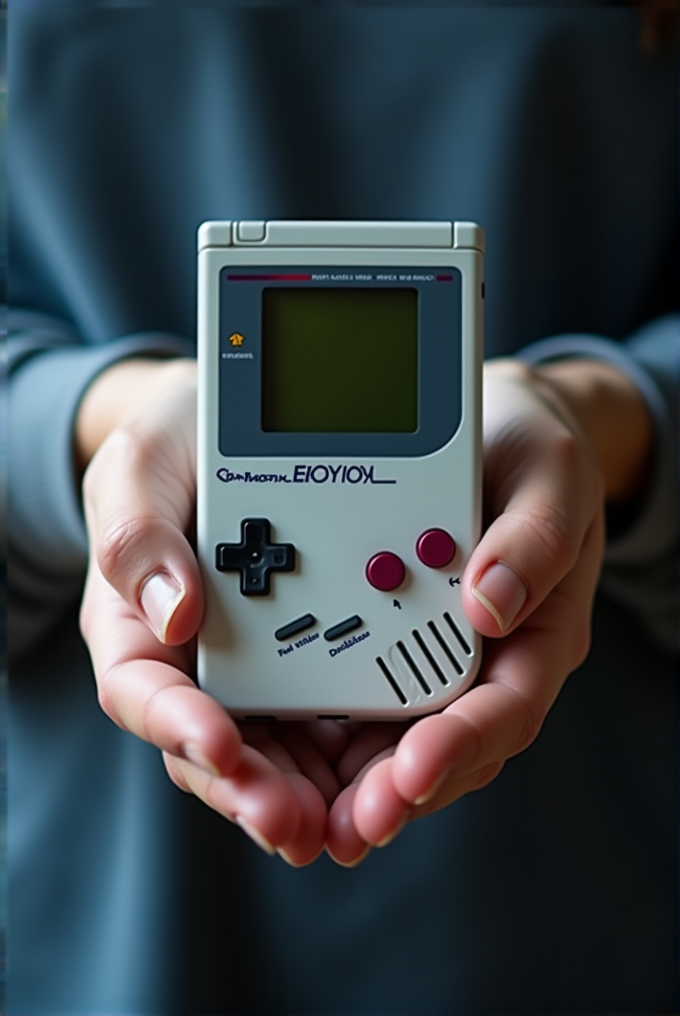 A person holds a vintage handheld gaming device with a blank screen and retro controls.