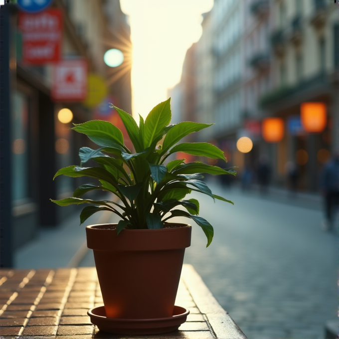 A potted plant sits on a table outdoors in a city street, with the sun setting in the background.