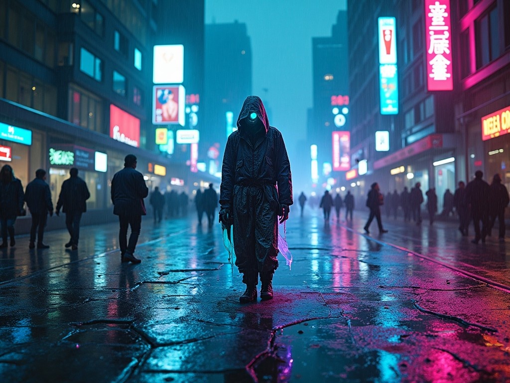 In a rain-soaked urban landscape, cracked asphalt glistens under the glow of neon lights, revealing pulsating veins of electric blue and vibrant magenta that throb like a heartbeat beneath the surface. Shadows dance as a figure, the street oracle, stands amidst the chaos, draped in tattered, holographic fabrics that shimmer with shifting colors. Their eyes, augmented with digital overlays, scan the air, reading the swirling auras of passersby—hazy shades of green, violet, and gold swirling like smoke. The backdrop is a labyrinth of towering skyscrapers adorned with flickering advertisements, casting a surreal glow over the scene. Wisps of steam rise from grates, mingling with the scent of rain and metal, while the distant hum of neon signs buzzes like a heartbeat in the night. The atmosphere is thick with mystery and anticipation, inviting the viewer to delve deeper into this cybernetic world where technology and humanity intertwine.