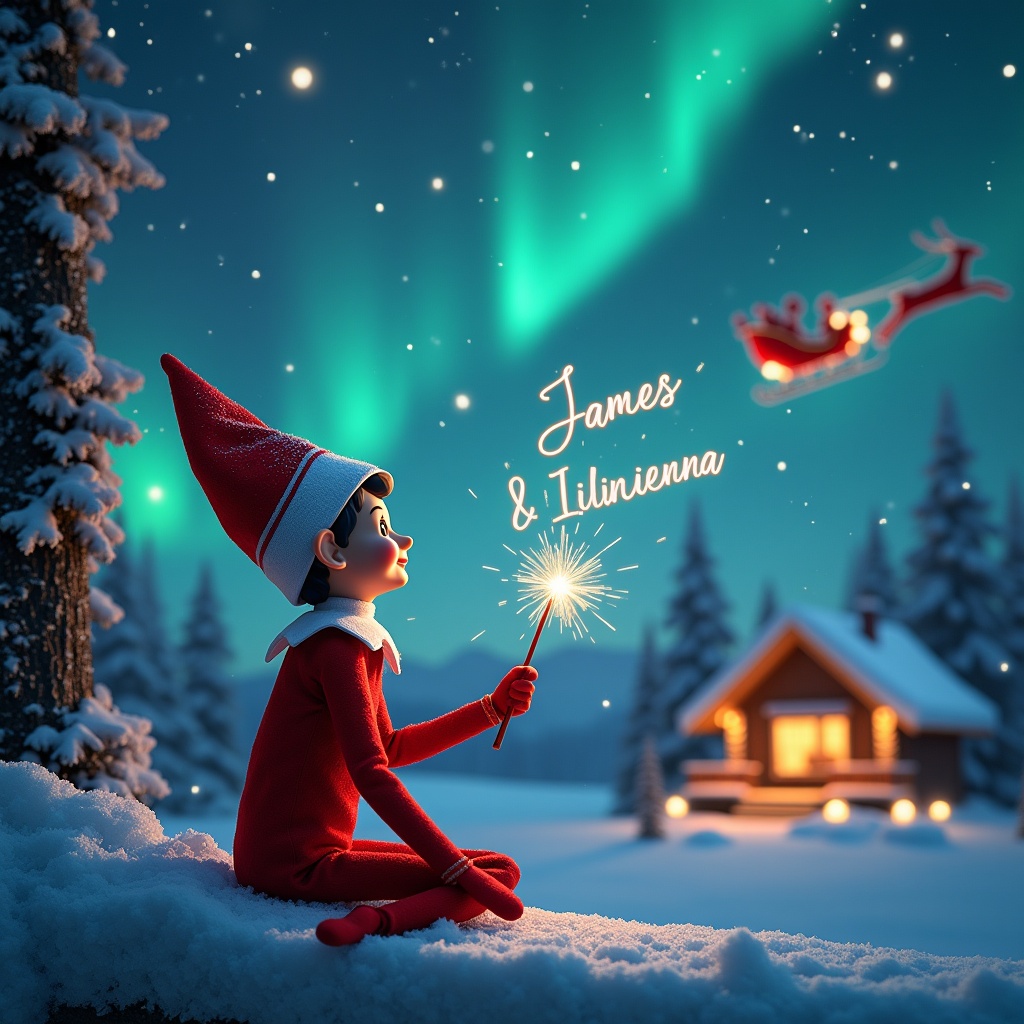 The scene depicts an adorable elf from the popular 'Elf on the Shelf' concept, seated on a snowy ledge with his back facing the viewer. He's gazing into a starry sky, holding a wand that sparkles as he writes the names 'James Jensen' and 'Lillienna' in the air. The backdrop features a stunning display of northern lights dancing in vibrant colors against a winter night sky. In the distance, there's a cozy cabin glowing warmly, with Santa and his sleigh visible flying across the night sky. The overall feel of the image radiates Christmas magic and joy, perfect for capturing the spirit of the holiday season.