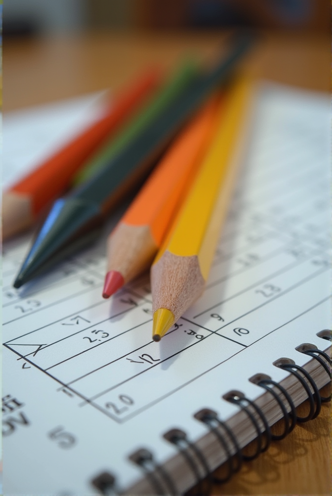 Three colored pencils rest on an open spiral-bound planner with visible dates and writing.