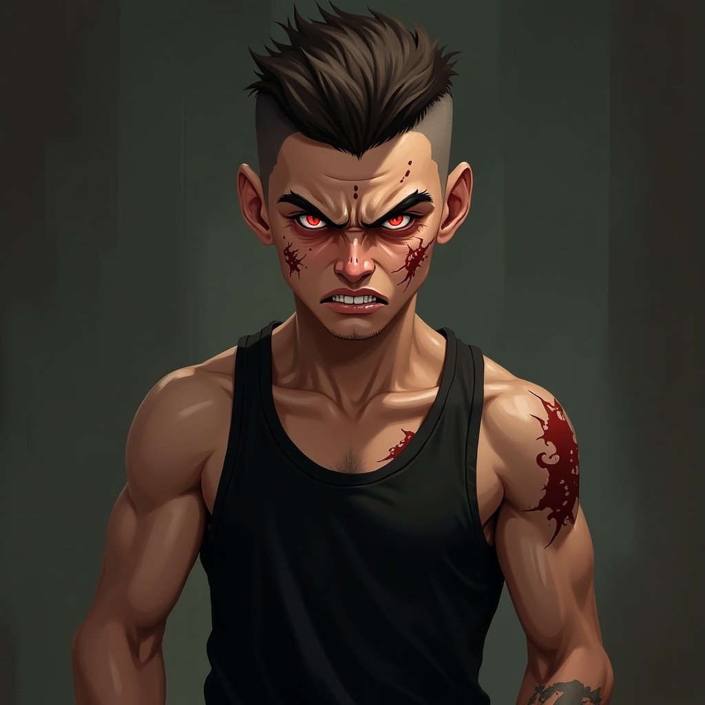 A muscular boy stands in a black tank top. He has a strong angry expression. His jawline is sharp with a furrowed brow. His eyes glow red with veins. He has a trendy undercut hairstyle with shaved sides and longer hair on top. His face has fading and fresh scars. The image has a dark gritty color palette.