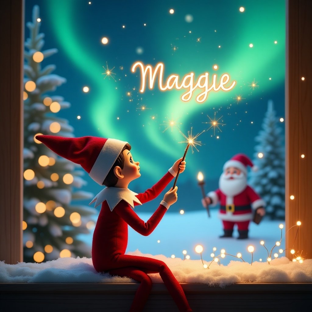 This image features a charming elf on the shelf named Maggie, seated with its back to the viewer. The elf gazes up at the enchanting night sky, where beautiful northern lights shimmer. Using a magical wand, the elf writes 'Maggie' in the air, sparkling with a festive touch. In the background, a cheerful Santa stands, enhancing the Christmas spirit. The snow-covered window and surrounding Christmas scene create a cozy, whimsical atmosphere, inviting viewers into a world of holiday wonder and joy.