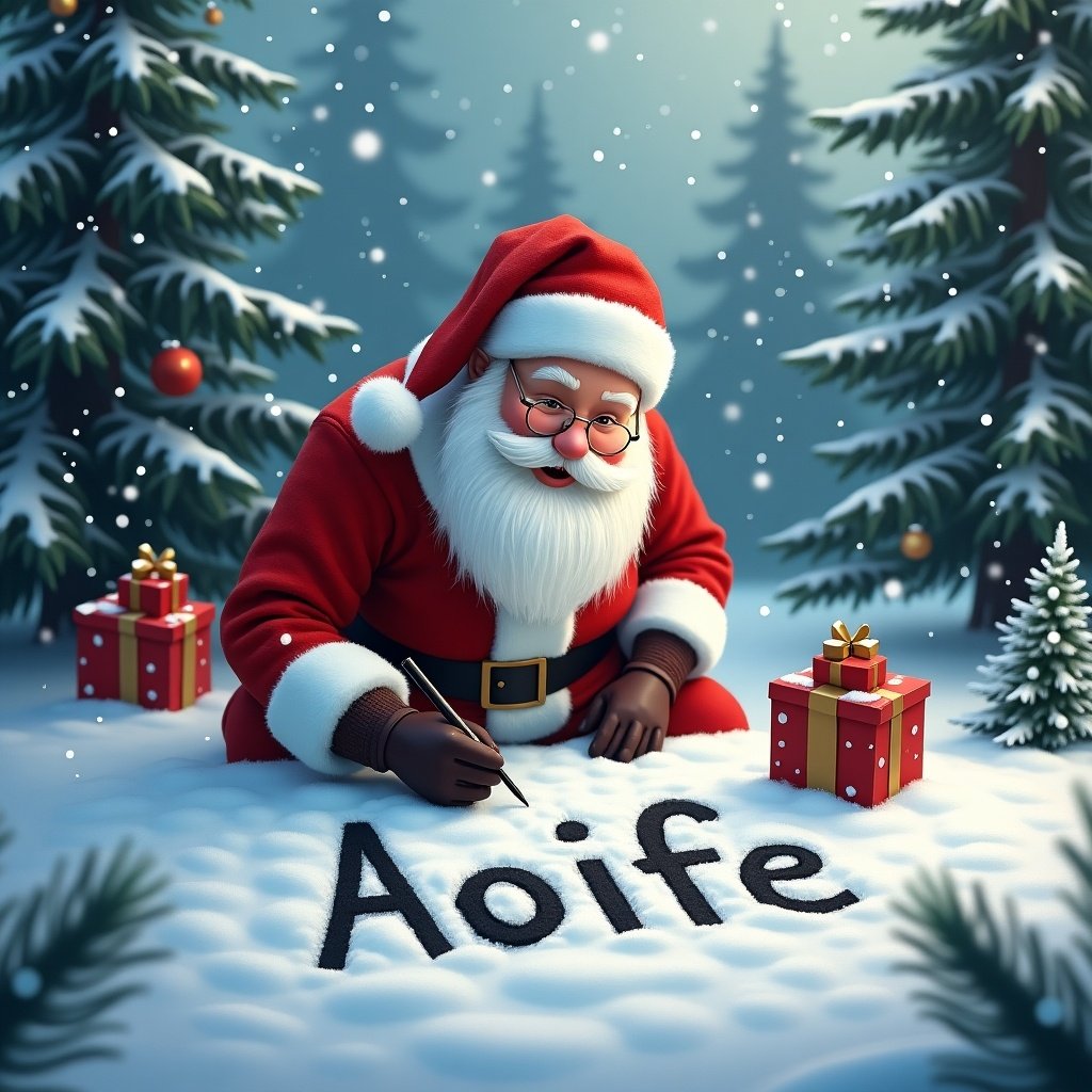 Santa writes Aoife in snow surrounded by gifts and trees. Snowflakes fall gently.