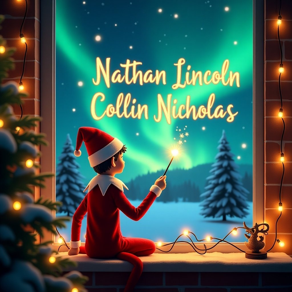 An enchanting Christmas scene showcases an elf on the shelf sitting on a window ledge. The elf, dressed in bright red and white attire, holds a magic wand. In the night sky, he magically writes 'Nathan Lincoln Collin Nicholas' in glowing script. Behind him, vibrant northern lights swirl, adding to the magical ambiance. The window is framed with Christmas decorations and warm lights, enhancing the festive feeling. This whimsical portrayal encapsulates the joy and wonder of the holiday season.