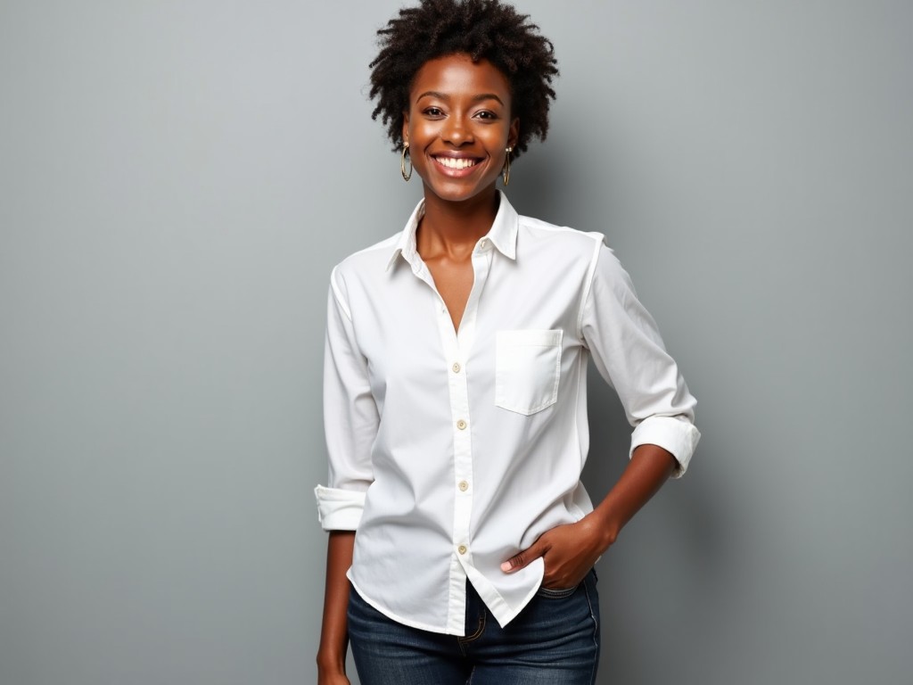 The individual is standing against a plain gray background and is wearing a crisp, white button-up shirt with a collar. The shirt is buttoned up to the neck and features a chest pocket. They are also wearing dark jeans, which complement the outfit. The person has a bright smile and appears friendly and approachable. Their hair is styled in short curls, and they have earrings in their ears. Their hands are casually placed in their pockets, adding to the relaxed demeanor.