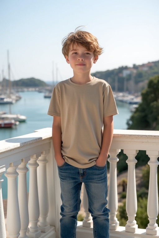 A young boy stands on a balcony. He wears a large natural-colored T-shirt and blue jeans. Tousled light brown hair completes his casual look. Background features a sunny harbor in Normandy. The scene conveys a peaceful atmosphere.