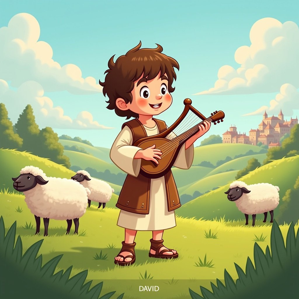 Cheerful cartoon illustration featuring David. Boy with brown hair wearing light brown shepherd clothing from biblical times. David stands in a lush green pasture playing the kinnor. Surrounded by many sheep and a distant village. Vibrant colors enhance the image's charm.