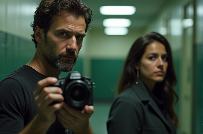 A man with a camera stands next to a woman in a dimly lit hallway.