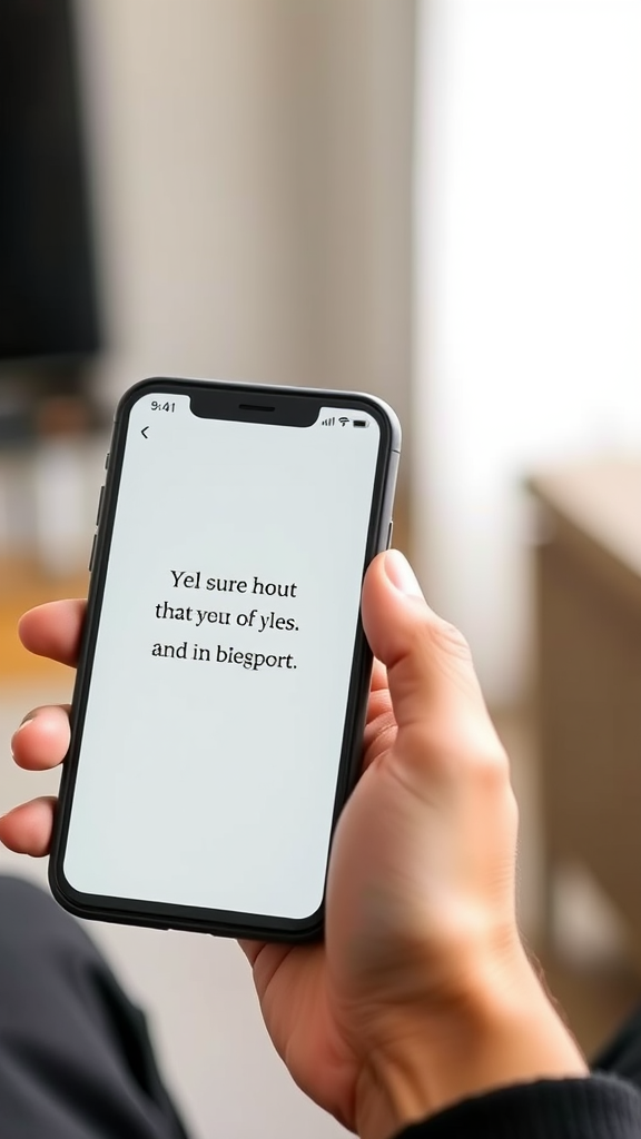 A person holds a smartphone displaying unclear text in a well-lit room.