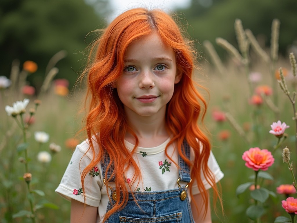 The image features a young girl with vibrant orange hair standing in a blooming flower field. She has soft features and is wearing a white shirt adorned with floral designs. The background is filled with colorful flowers, creating a beautiful and serene atmosphere. The photo is taken in natural light, giving a warm and inviting feel. Her expression is calm and gentle, evoking a sense of tranquility and joy.