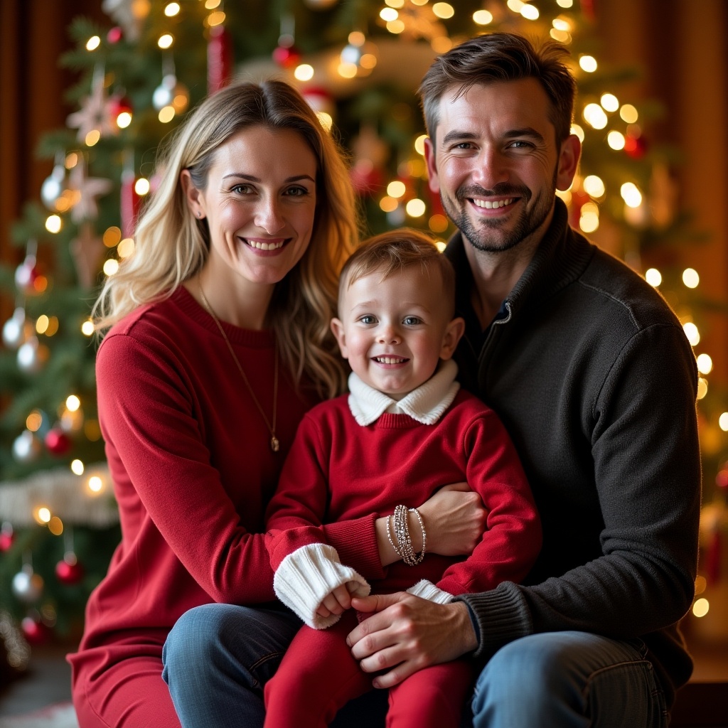 A family dressed in festive red and white sitting together in front of a beautifully decorated Christmas tree with lights. They are sharing a joyful moment, embodying the spirit of Christmas.