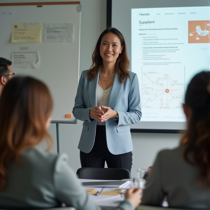 A confident woman presents during a business meeting, standing in front of a projected screen with charts and data, engaging her seated colleagues.