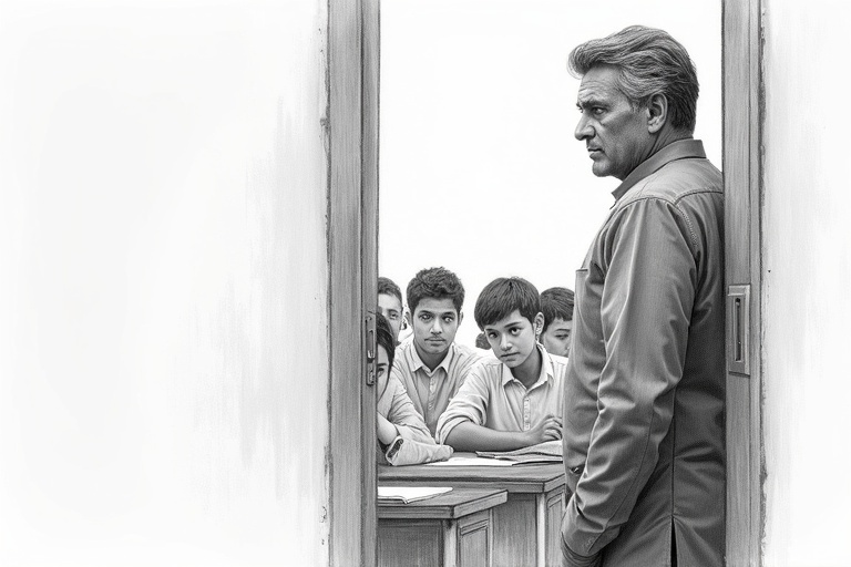 Highly detailed pencil sketch of an Indian male teacher standing at a classroom doorway. Teacher has salt-and-pepper hair and a stern gaze. Posture is upright with relaxed arms. He is framed at the left, students are blurred. The angle is medium shot and slightly low. Lighting is chiaroscuro creating shadows. The texture shows smooth shading and sharp detail. Image is monochrome, high contrast, ultra-high-resolution.