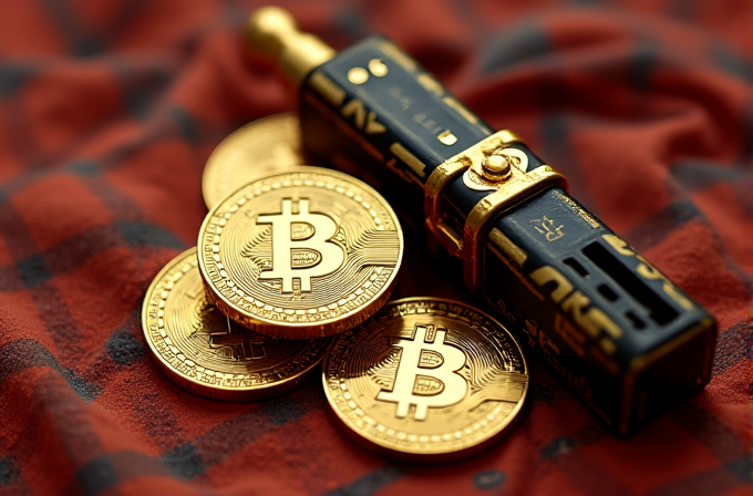 A close-up of gold Bitcoin coins laid out on a red and black checkered fabric beside an elaborate, vintage-looking mechanical device.