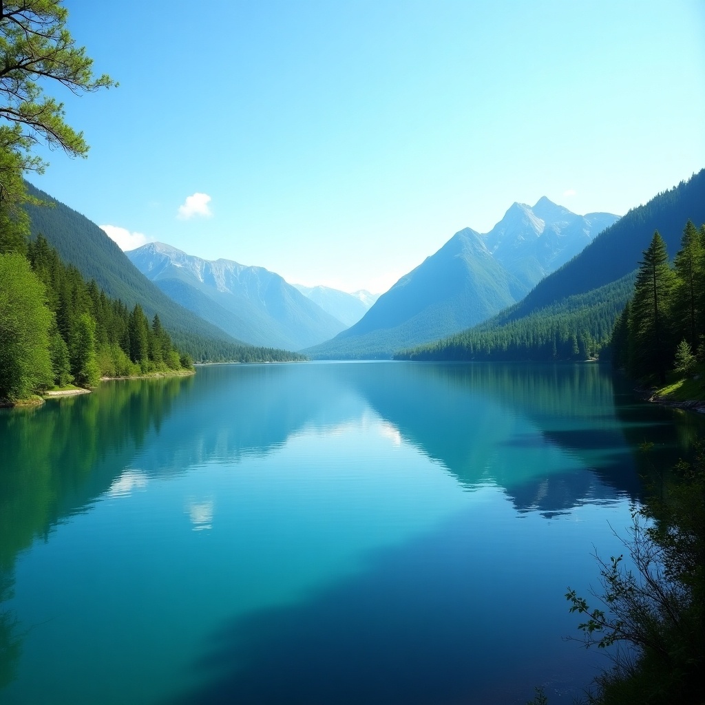 This image depicts a tranquil lake nestled among lush green forests and distant mountains. The sky above is clear and blue, emphasizing the purity of the scene. The surface of the lake is calm, mirroring the surrounding trees and peaks in perfect clarity. It evokes a sense of peace and serenity, making it an ideal spot for relaxation or recreation. The lush greenery surrounding the lake enhances the natural beauty of this stunning landscape.