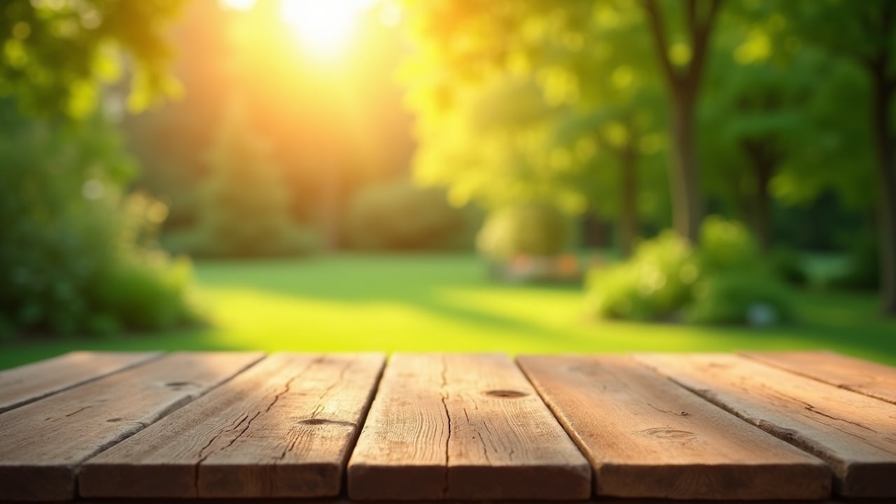 Empty rustic wooden table top with blurred green garden background. Sunlight rays through lush greenery at sunset.