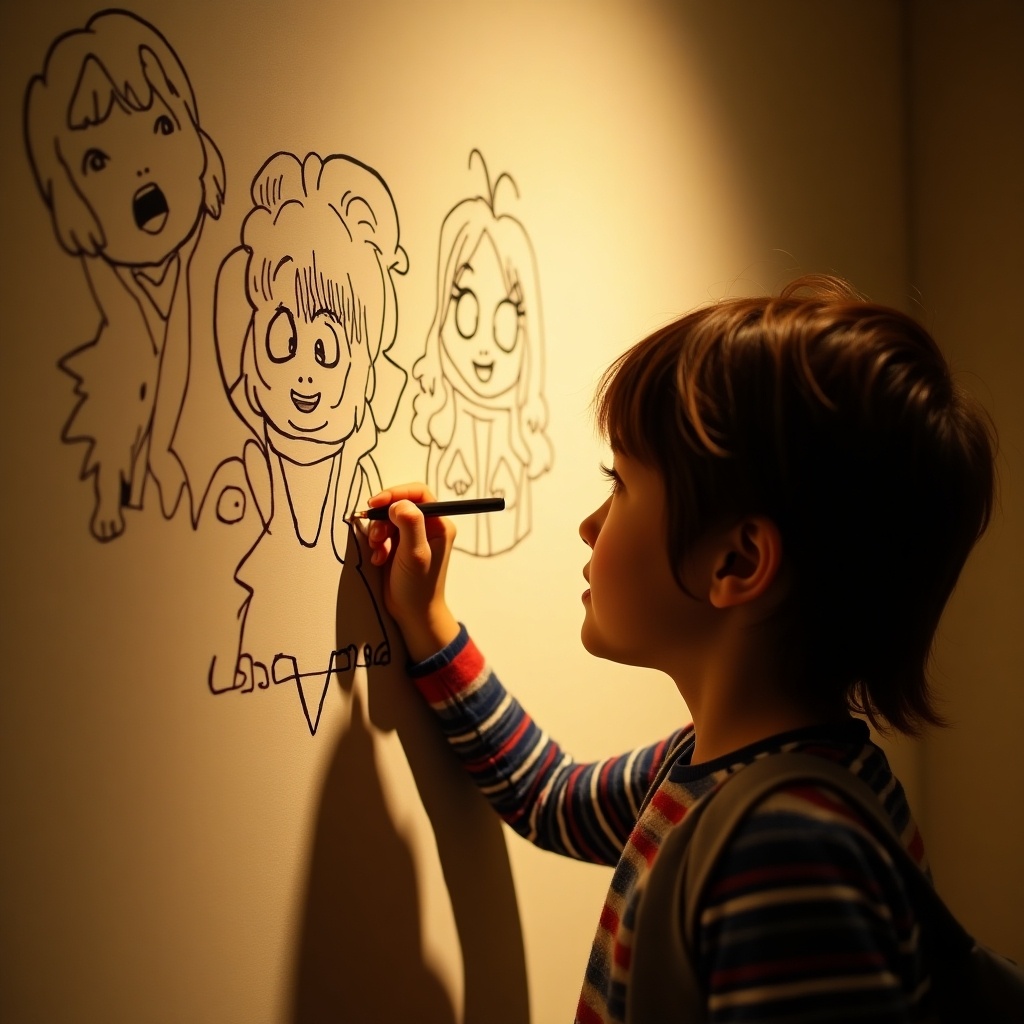 A child draws cute characters on a wall in warm lighting. The scene captures creativity and fun in an artistic setting.