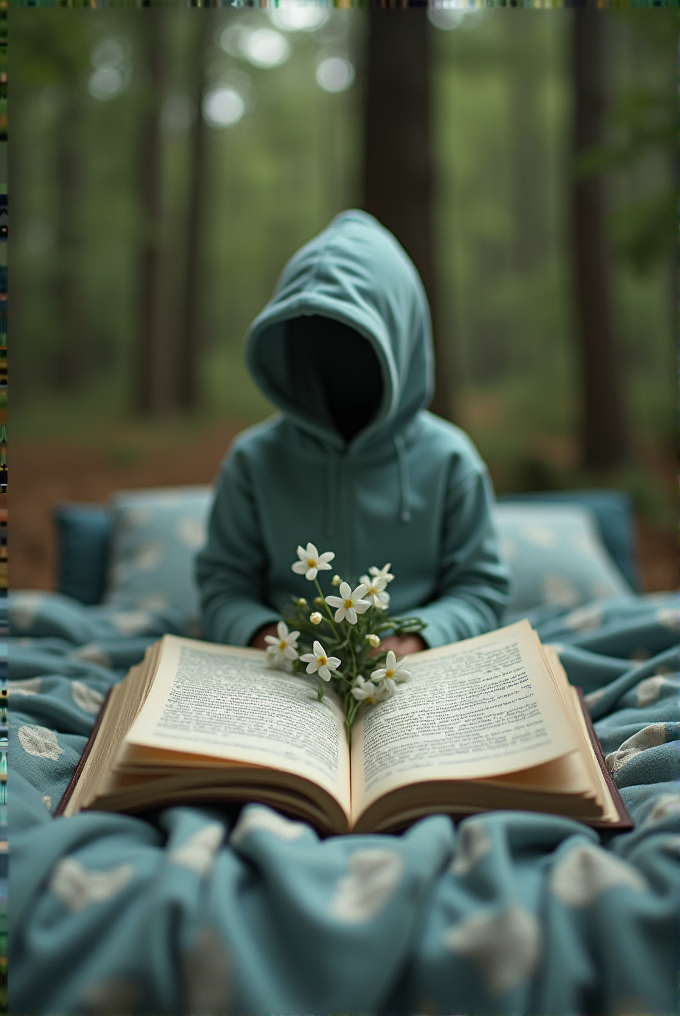 A hooded figure sits on a floral-patterned blanket in a forest, holding a book with daisies between the pages.