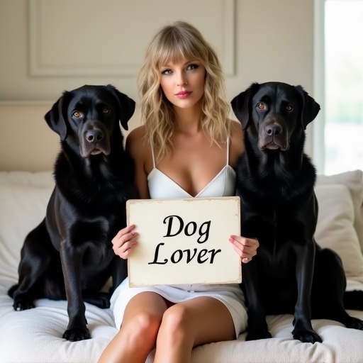A woman on a bed surrounded by two large black dogs. She holds a sign that says 'dog lover'. She wears a white mini skirt and high heels.
