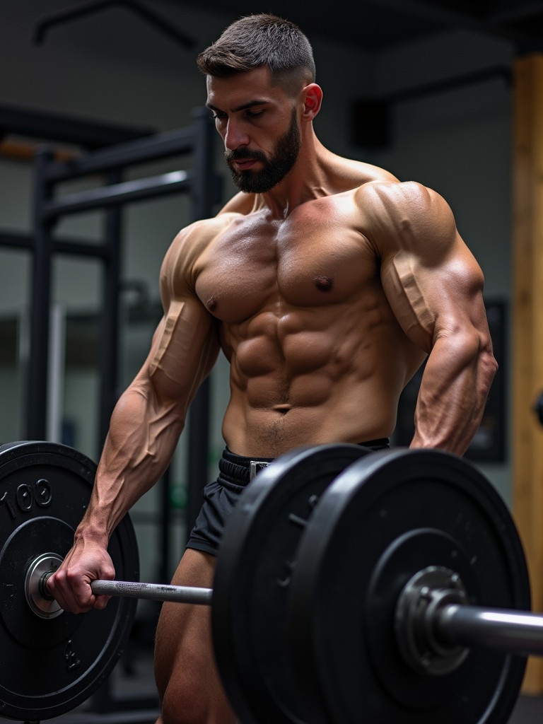 A muscular man lifts a heavy barbell in a gym. Well-defined muscles highlight strength. The atmosphere shows focus and determination in weightlifting. The setting emphasizes fitness discipline.