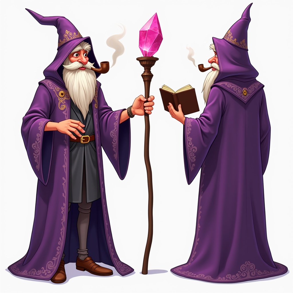 Detailed character turnaround of a wizard. Character wears a purple cloak with intricate designs. He holds a staff with a pink crystal and an open book. The wizard has a pipe and mustache. Front, side, and back views included to show attire and accessories.