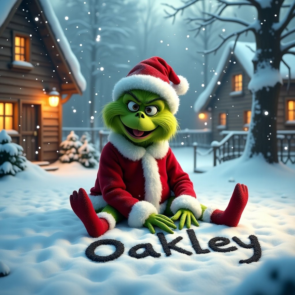 In a snowy landscape, the Grinch sits on the ground in a red and white Christmas outfit. He is happily writing the name 'Oakley' in the freshly fallen snow. Delicate snowflakes cascade around, enhancing the cheerful winter scene. His face is lit up with joy, reflecting the essence of the holiday. Cozy cottages with warm lights surround him, contributing to the magical atmosphere. This moment captures creativity and the spirit of giving, ideal for holiday-themed projects.