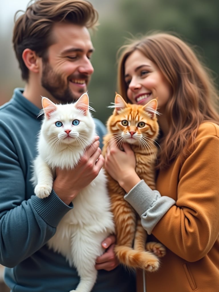 Scene shows a couple holding two cats. One cat is white with blue and orange eyes. The other cat is a long-haired orange. Setting is natural outdoors. The couple looks happy and affectionate with their pets.