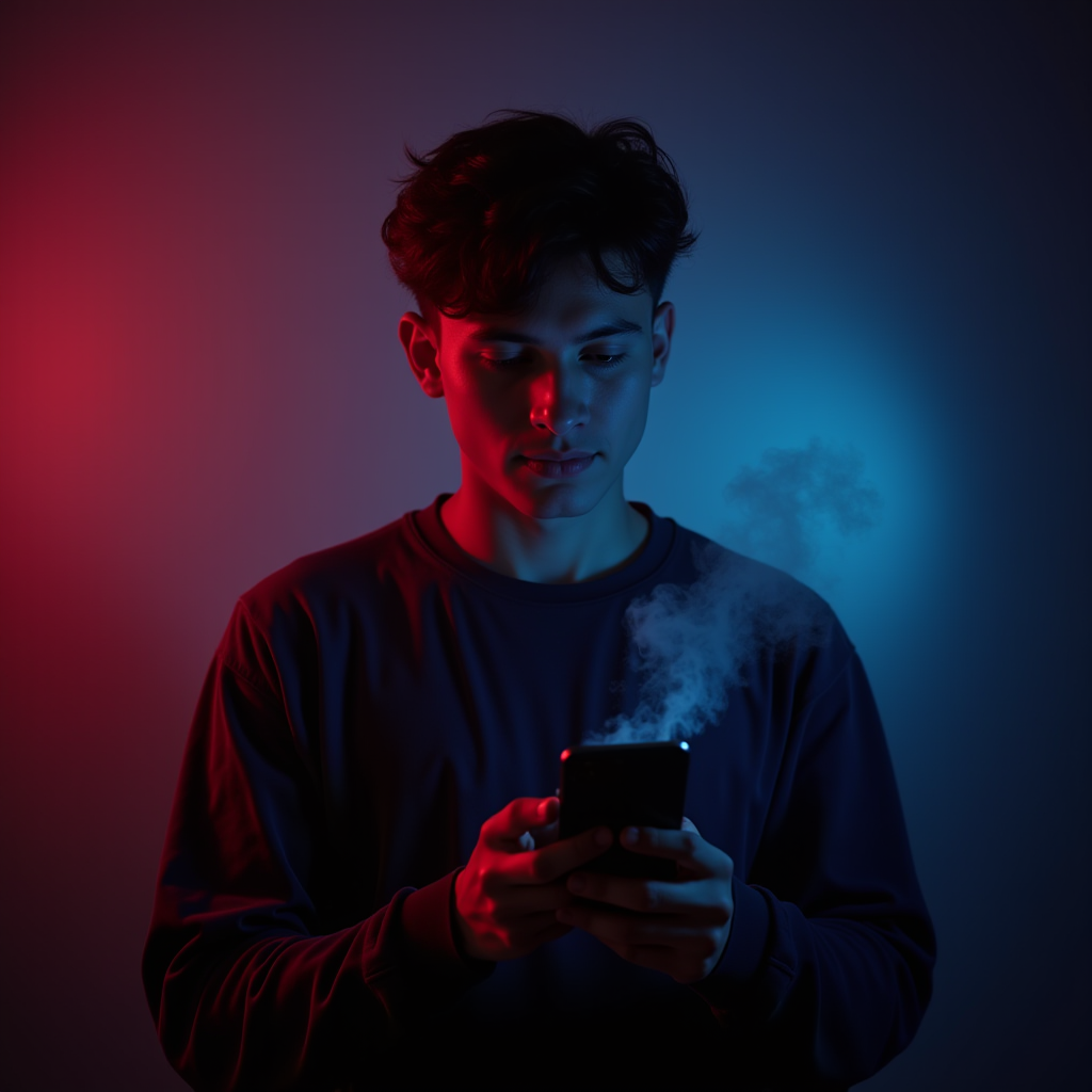 A young person gazes at a smoking smartphone under dramatic red and blue lighting.