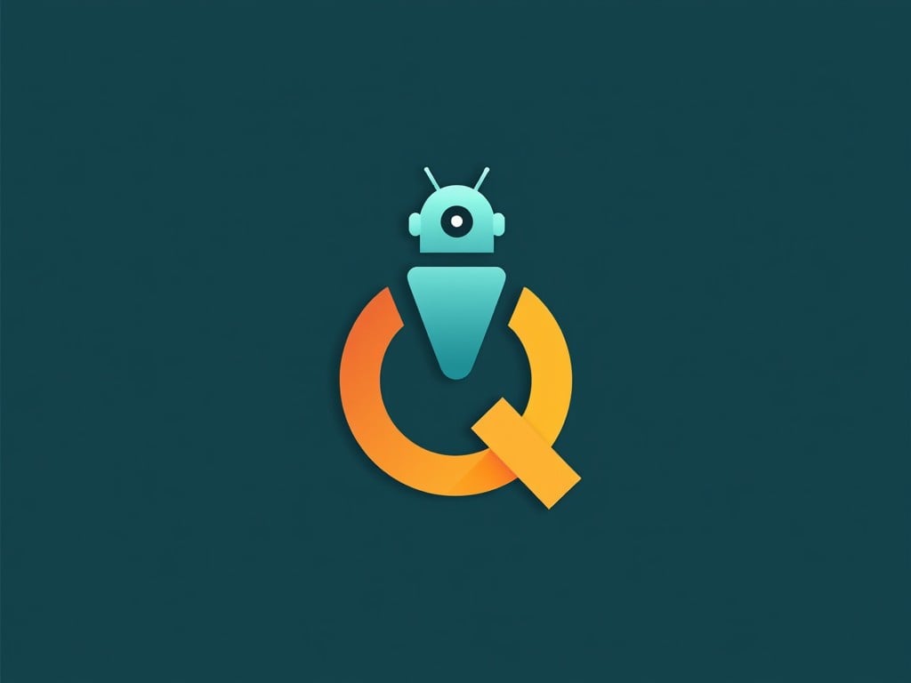 The image showcases a modern logo that combines a stylized robot and the letter 'Q'. The robot is colored in teal, sitting on top of a vibrant orange 'Q'. The background is a rich dark green, enhancing the logo's colors. This design embodies a playful yet professional appearance suitable for tech-related industries. The logo represents innovation and creativity, making it an ideal brand mark for software or educational platforms. The use of flat design elements adds to its contemporary feel.