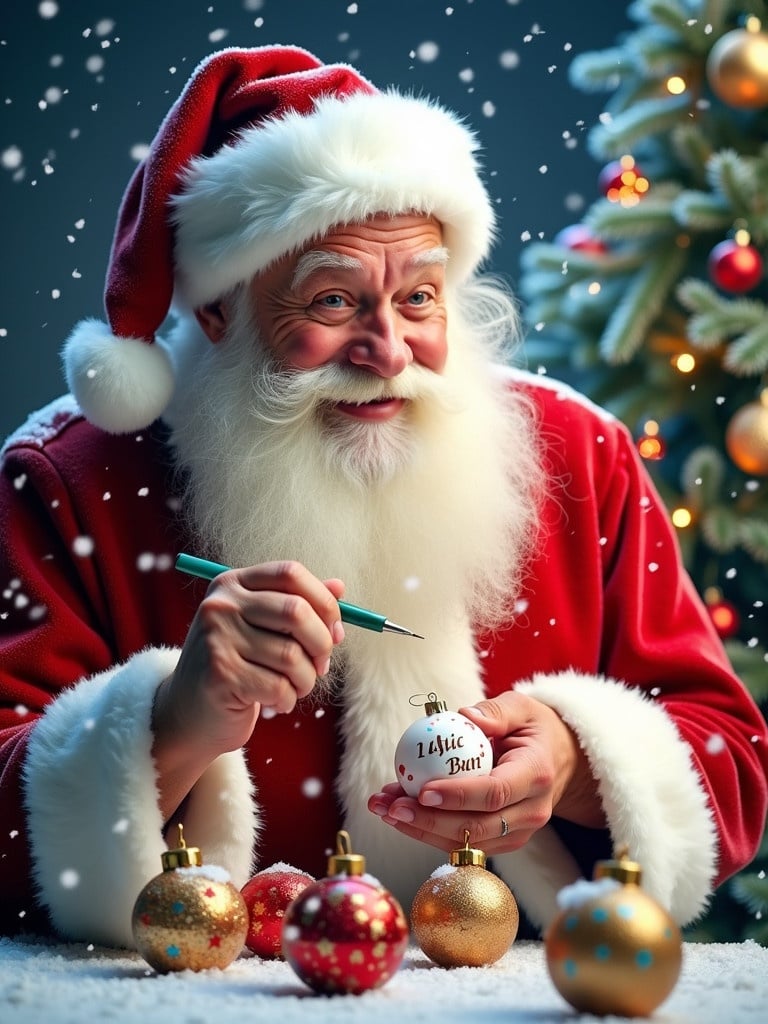 Santa Claus personalizes Christmas ornaments in a joyful holiday setting. Image features Santa writing names on baubles. Background is covered in snow with festive greenery. Various baubles are labeled with names. Santa is dressed in a red suit and appears cheerful. Colors are vibrant and represent the joy of the season.