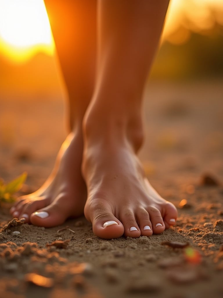 Close-up of a bare foot. French tip pedicure visible. Foot standing on clean soil. Golden hour light creates warm atmosphere. Sun appears yellow orange red. Feet are in walking position. Some dirt is present on feet.