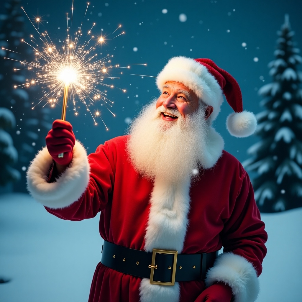 Jolly Santa Claus in snowy landscape holds magical wand that shines with sparkles. Classic red suit with white fur trim, matching hat. Santa's eyes twinkle with joy appearing to write names in sky. Snowy scene with evergreen trees and starry night sky. Festive magical atmosphere for holiday season.