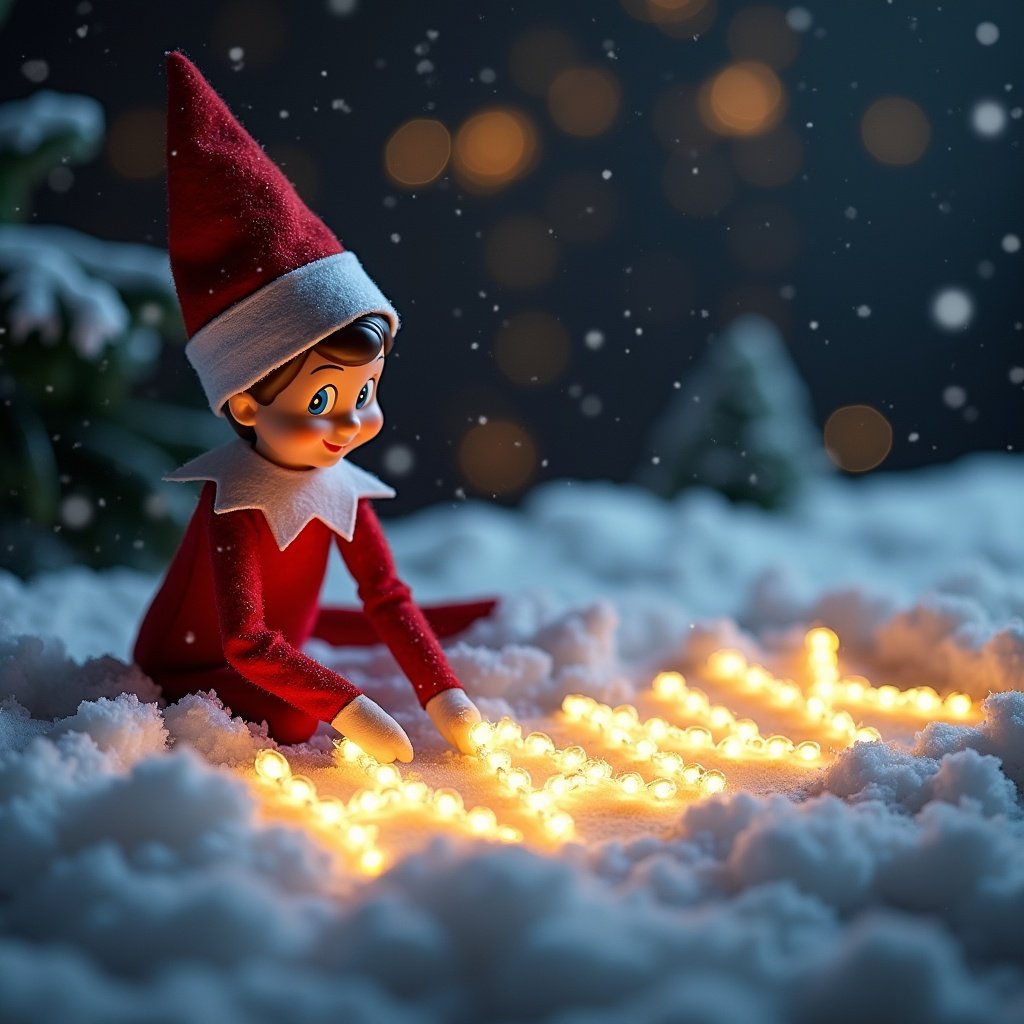 Elf on the shelf writing in the snow. Names 'HANK' written in cursive by lights. Soft snowfall surrounds the scene.