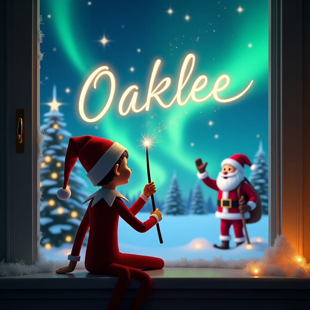 In this enchanting Christmas scene, an elf on the shelf is seated by a window, facing the sky. With his back to the viewer, he holds a magic wand, gracefully writing the name 'Oaklee' in the starry night. The background is adorned with vibrant northern lights shimmering above and Santa Claus stands nearby, bringing a festive touch. Snow-covered trees are visible, enhancing the holiday atmosphere. The scene radiates warmth and magic, perfect for the Christmas season. This whimsical moment captures the joy and wonder of believing in holiday magic.